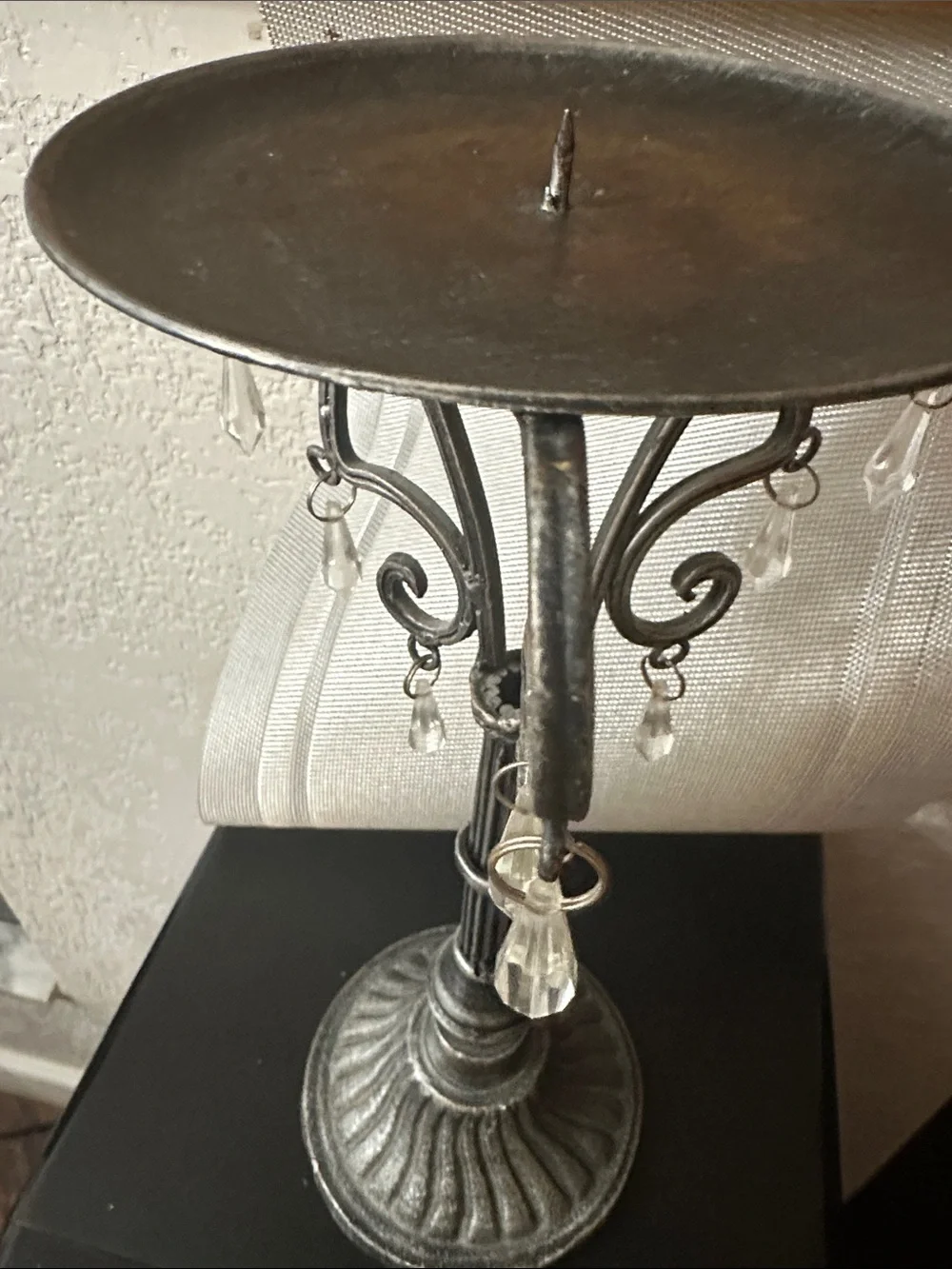 Antique Black Metal Candle Holder with Clear Crystal Drops
